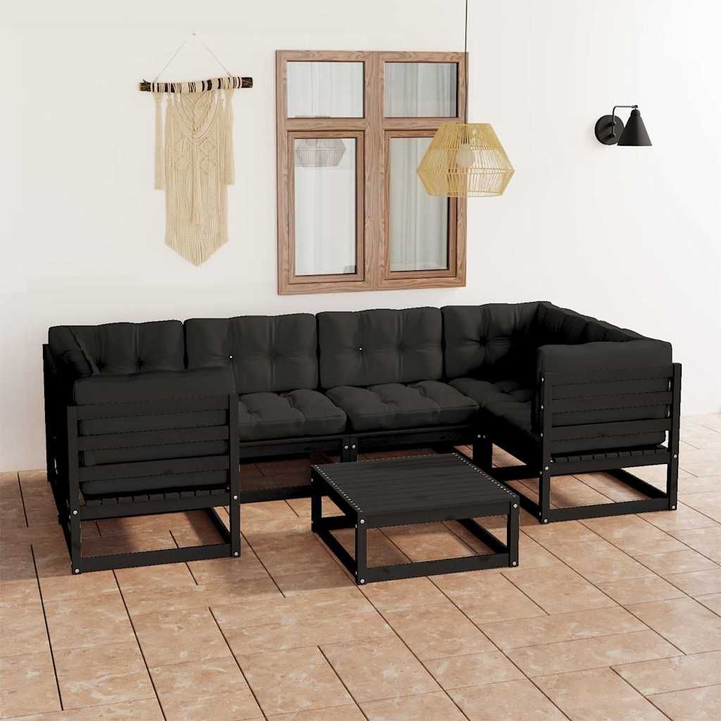 Set Divani da Giardino 7 pz con Cuscini Massello di Pino Nero vidaXL