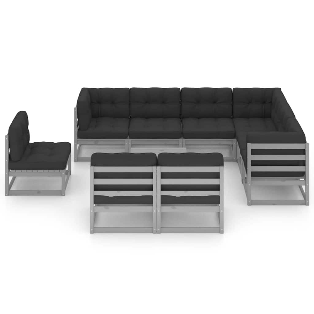 Set Divani da Giardino 10pz con Cuscini Grigio Massello di Pino vidaXL