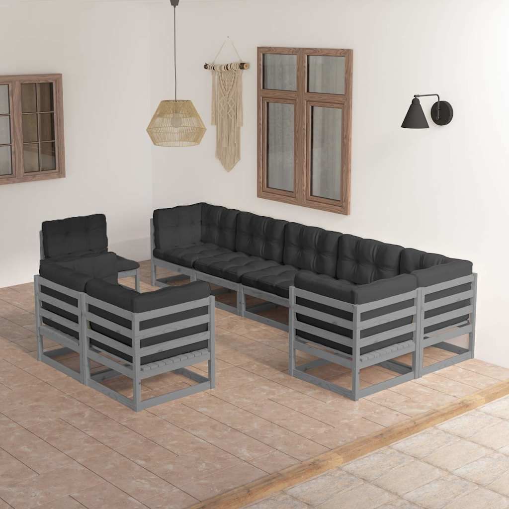 Set Salotto Giardino 9 pz Cuscini Antracite Legno Massello Pino vidaXL
