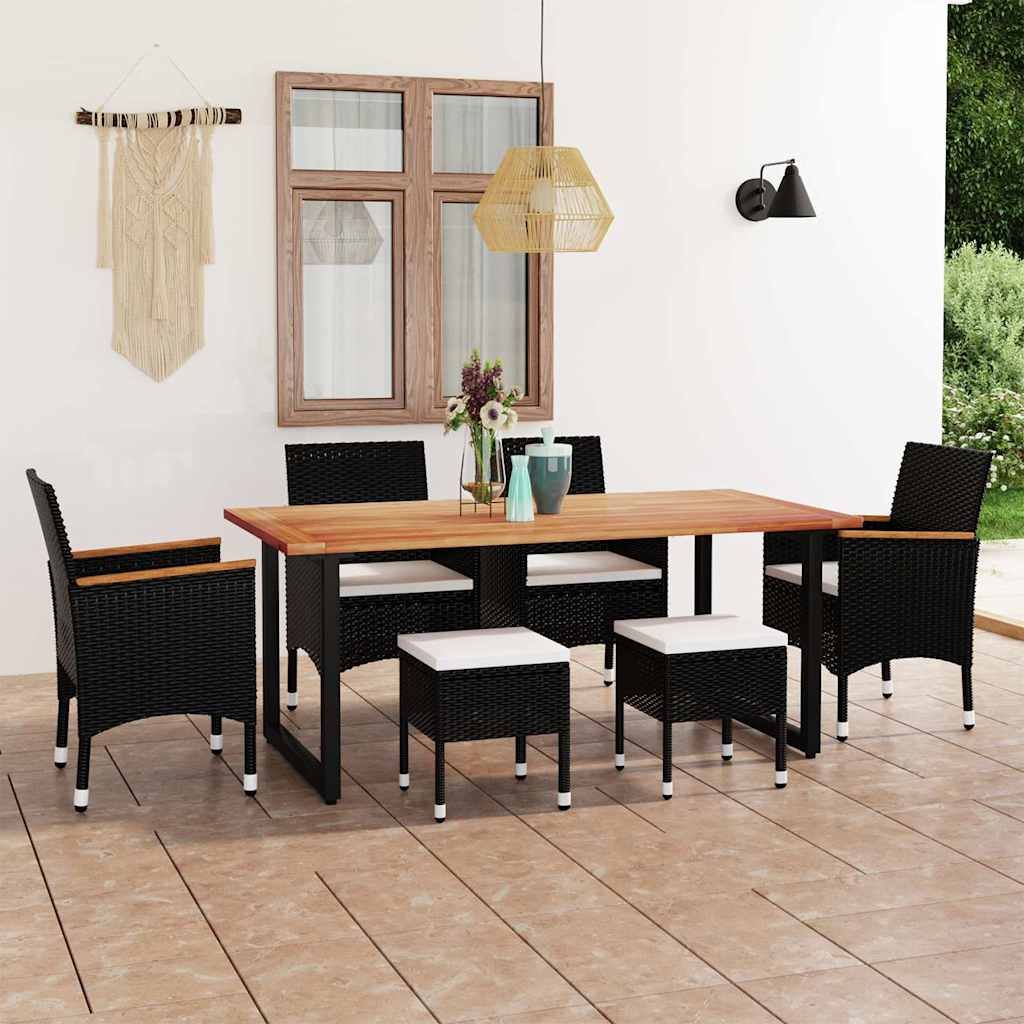 Set da Pranzo per Giardino 7 pz con Cuscini in Polyrattan Nero vidaXL