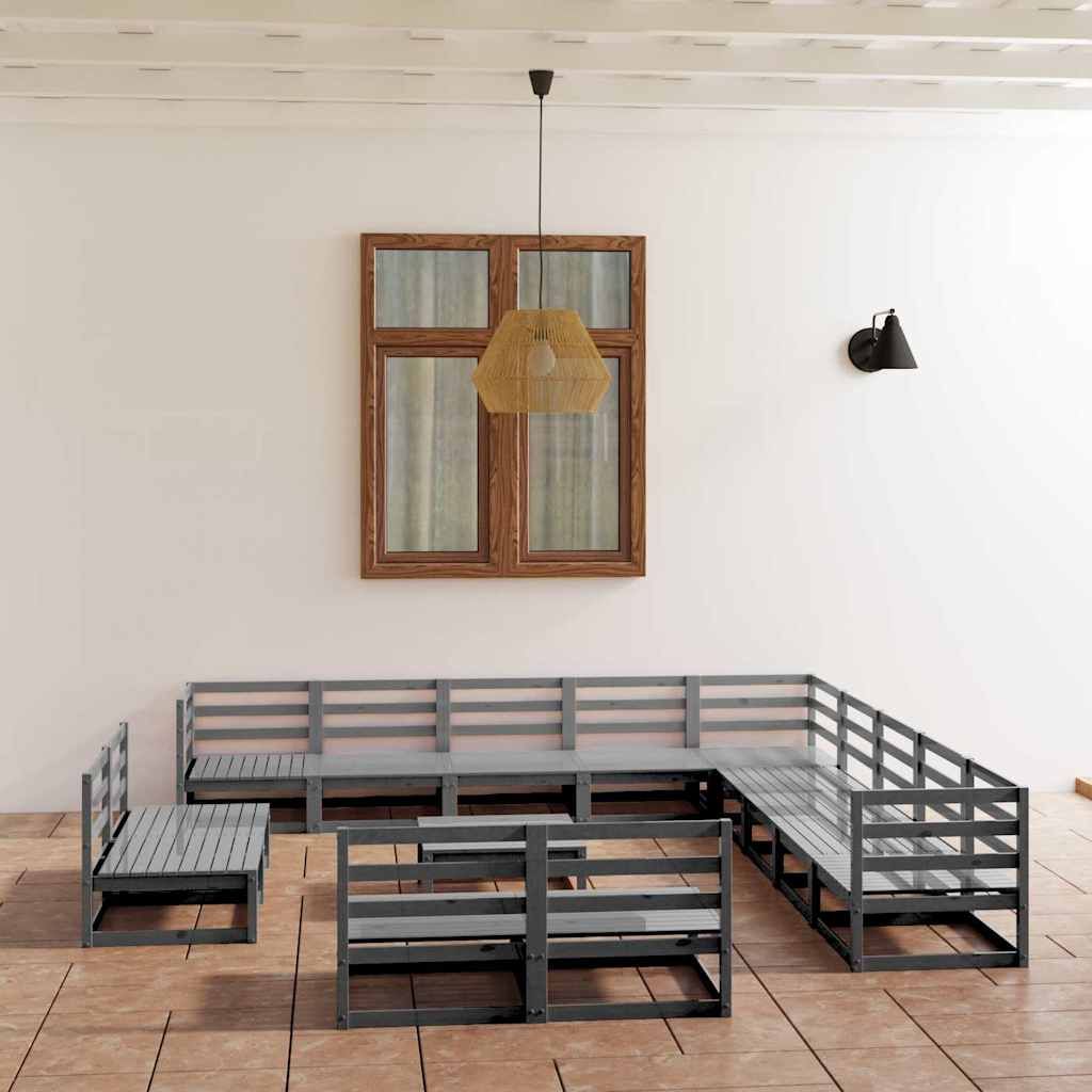 Set Divani da Giardino 14 pz Grigio in Legno Massello di Pino vidaXL