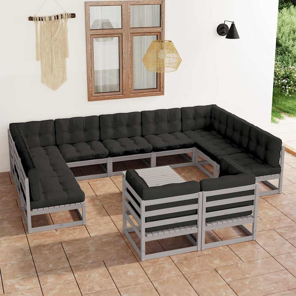 Set Divani da Giardino 12pz con Cuscini Grigio Massello di Pino vidaXL