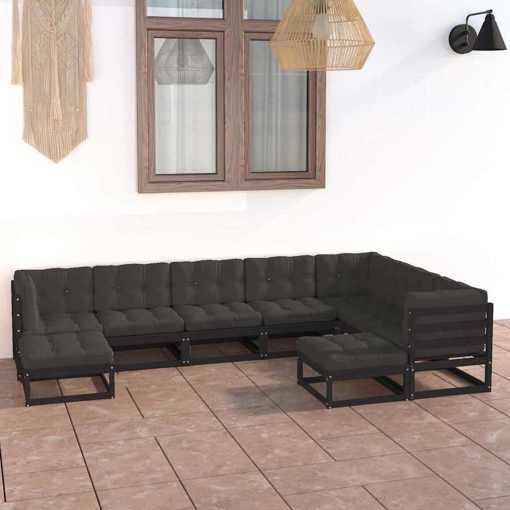 Set Divani da Giardino 9 pz con Cuscini Massello di Pino Nero vidaXL