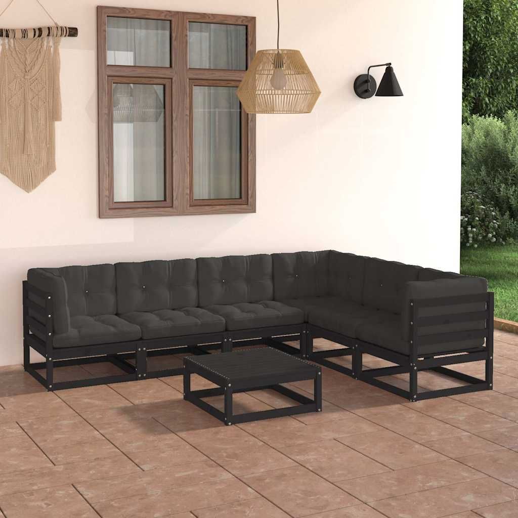 Set Divani da Giardino 7 pz con Cuscini Massello di Pino Nero vidaXL