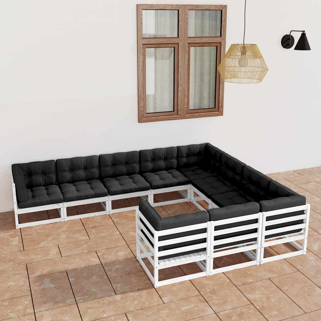 Set Divani da Giardino 10 pz Cuscini Bianchi Massello di Pino vidaXL