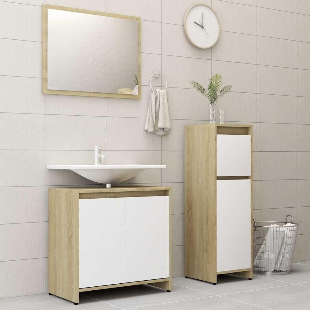 Set Mobili da Bagno 3 pz Bianco e Rovere Sonoma in Multistrato vidaXL