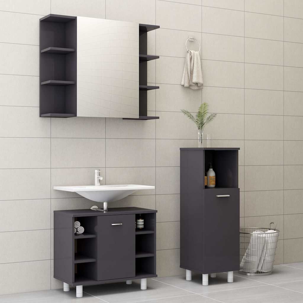 Set Mobili da Bagno 3 pz Grigio Lucido in Truciolato vidaXL