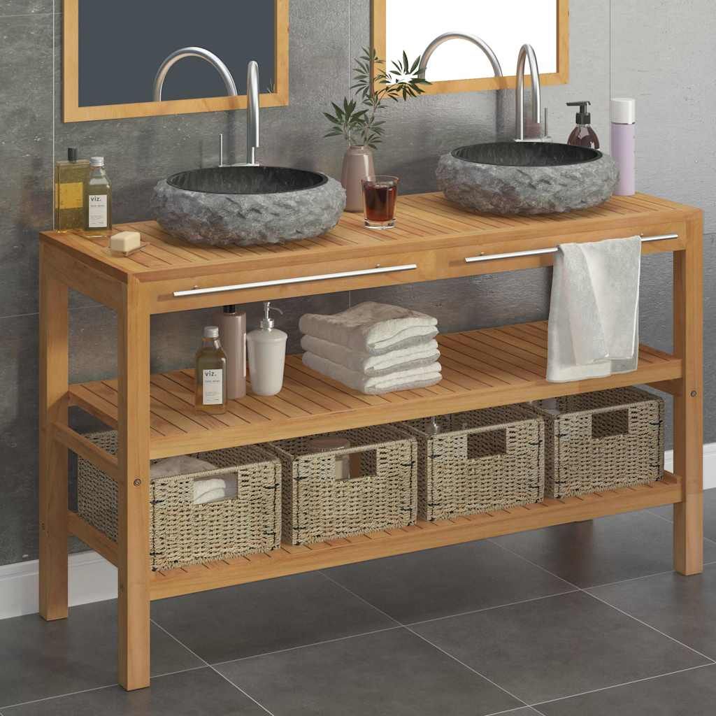 Armadietto da Bagno in Legno di Teak con Lavabi in Marmo Nero vidaXL