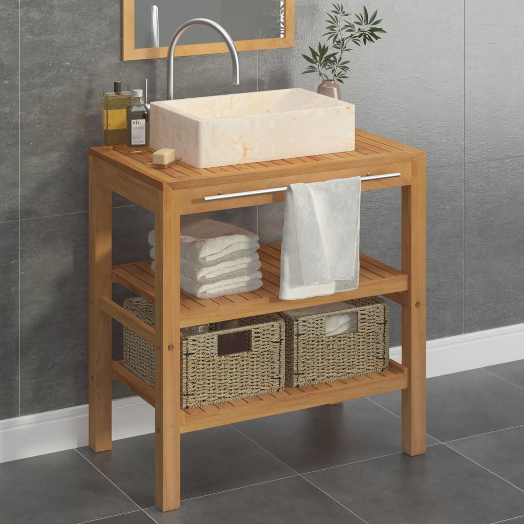 Armadietto da Bagno in Legno di Teak con Lavabo in Marmo Crema vidaXL
