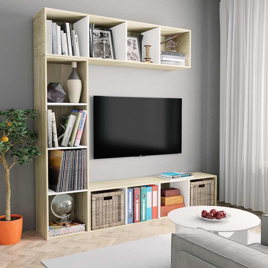 Set Libreria/Porta TV 3 pz Bianco e Rovere Sonoma 180x30x180 cm vidaXL