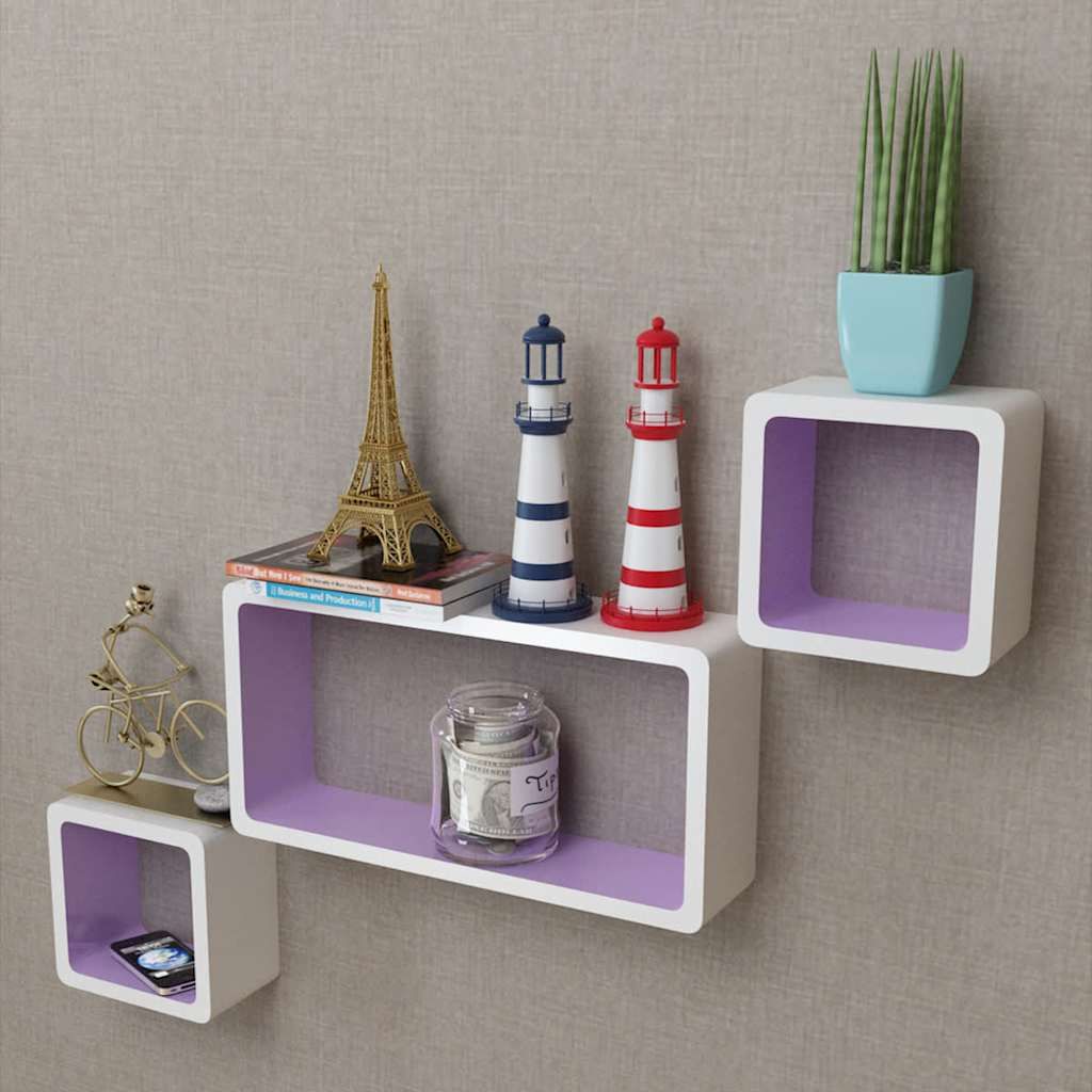 Mensole a Parete 3 pz Bianche-Viola in MDF a Cubo per Libri/DVD vidaXL