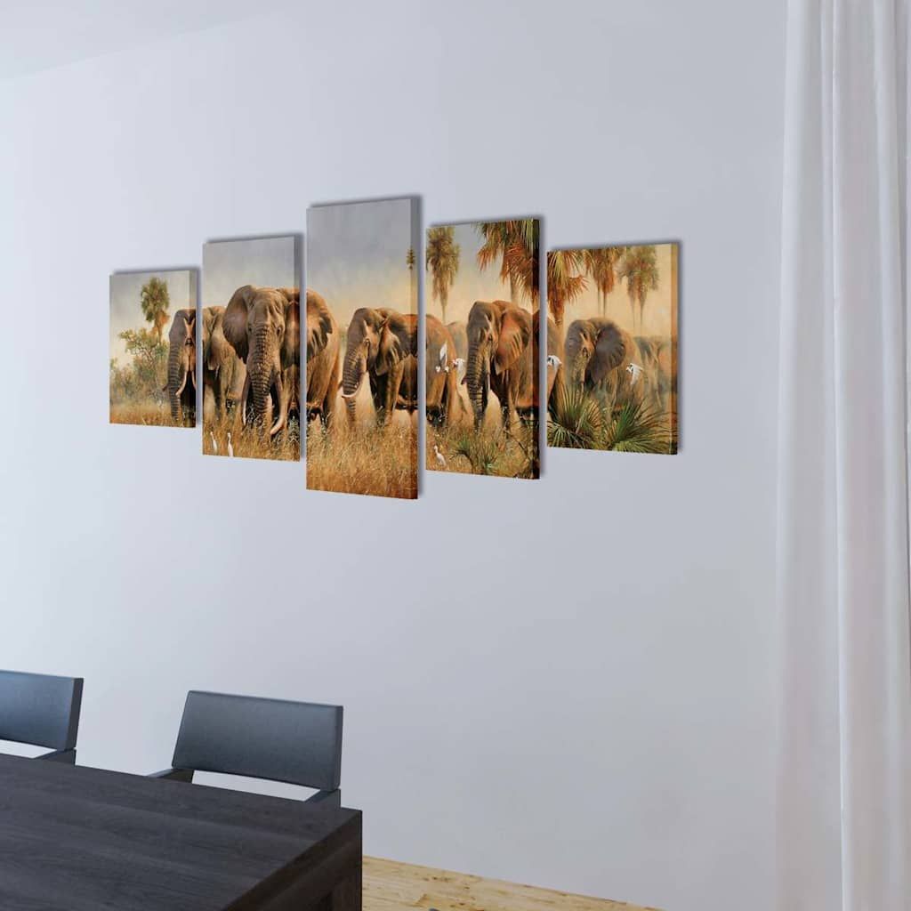 5 pz Set Stampa su Tela da Muro Elefanti 200 x 100 cm vidaXL