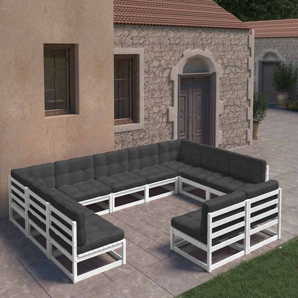 Set Divani da Giardino 11pz con Cuscini Massello di Pino Bianco vidaXL