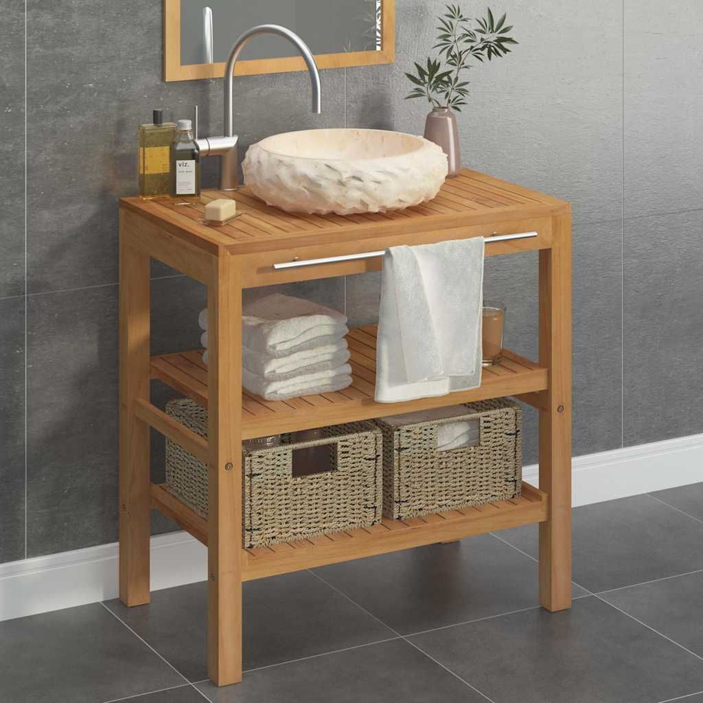 Armadietto da Bagno in Legno di Teak con Lavabo in Marmo Crema vidaXL