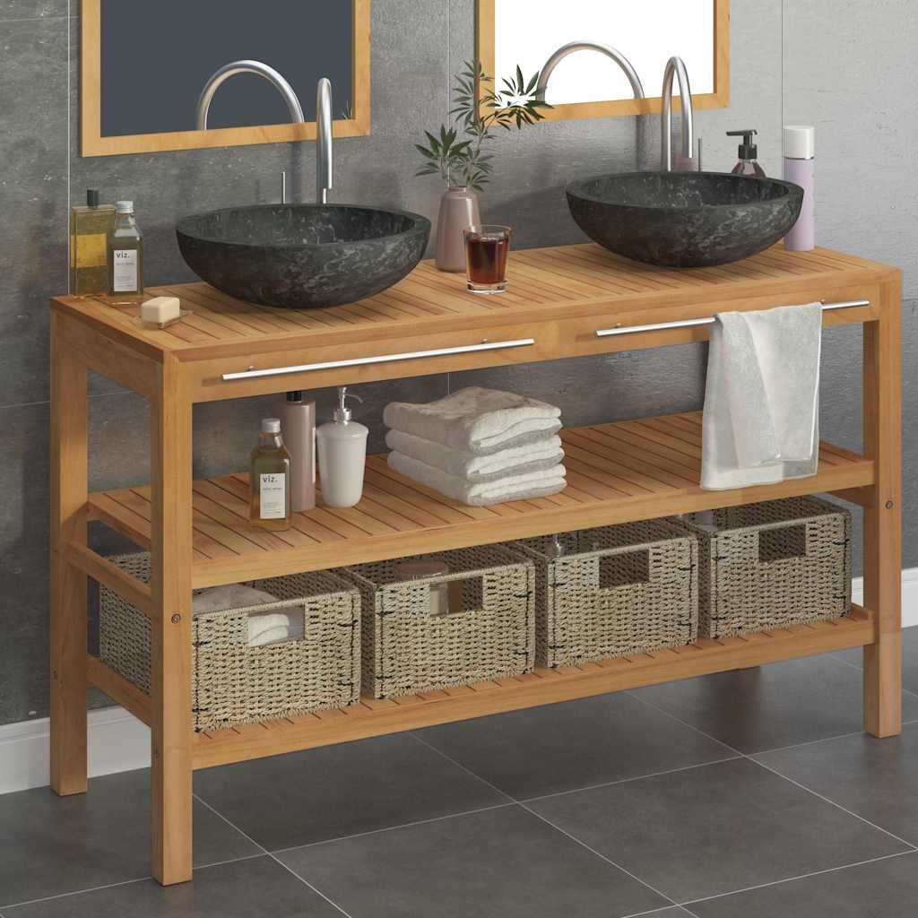 Armadietto da Bagno in Legno di Teak con Lavabi in Marmo Nero vidaXL