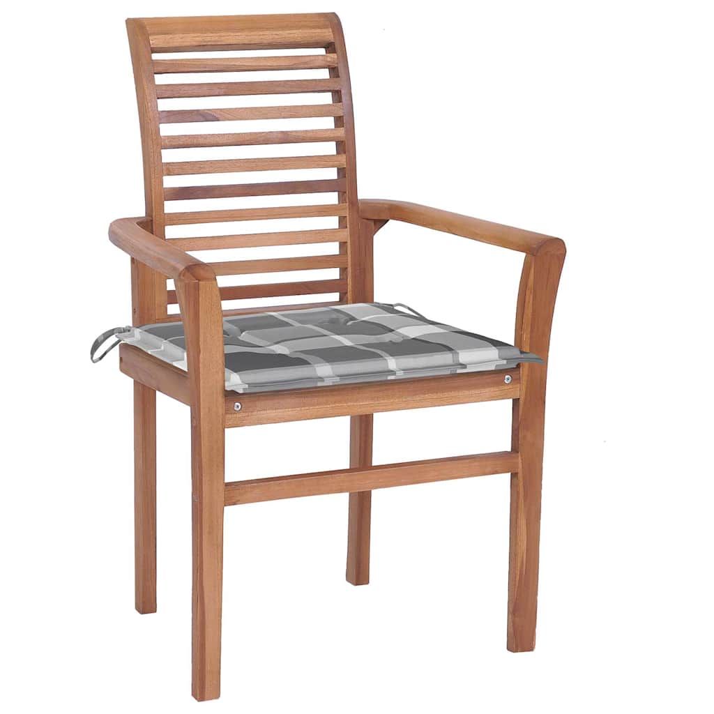 Sedie da Pranzo 6 pz e Cuscini Grigi a Quadri Massello di Teak vidaXL