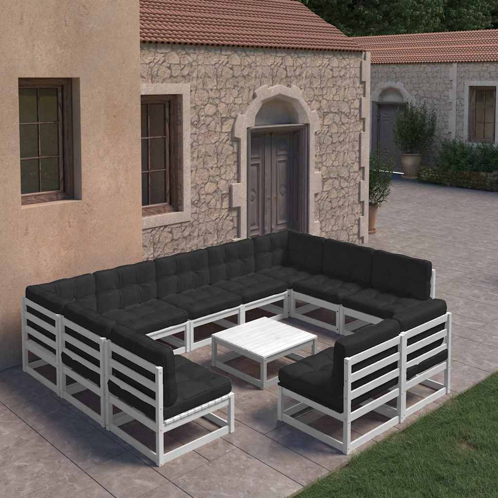 Set Divani da Giardino 10 pz Cuscini Bianchi Massello di Pino vidaXL