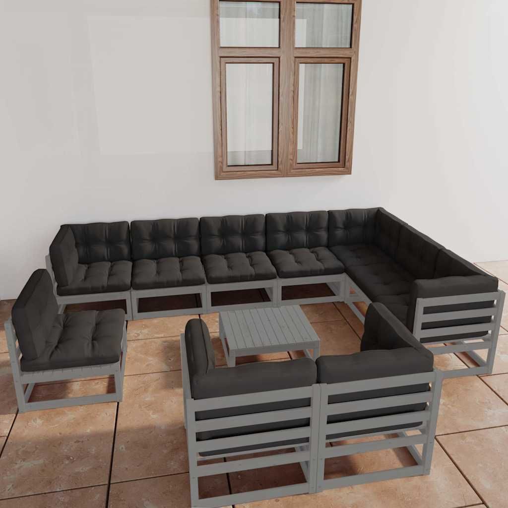 Set Divani da Giardino 11pz con Cuscini Grigio Massello di Pino vidaXL
