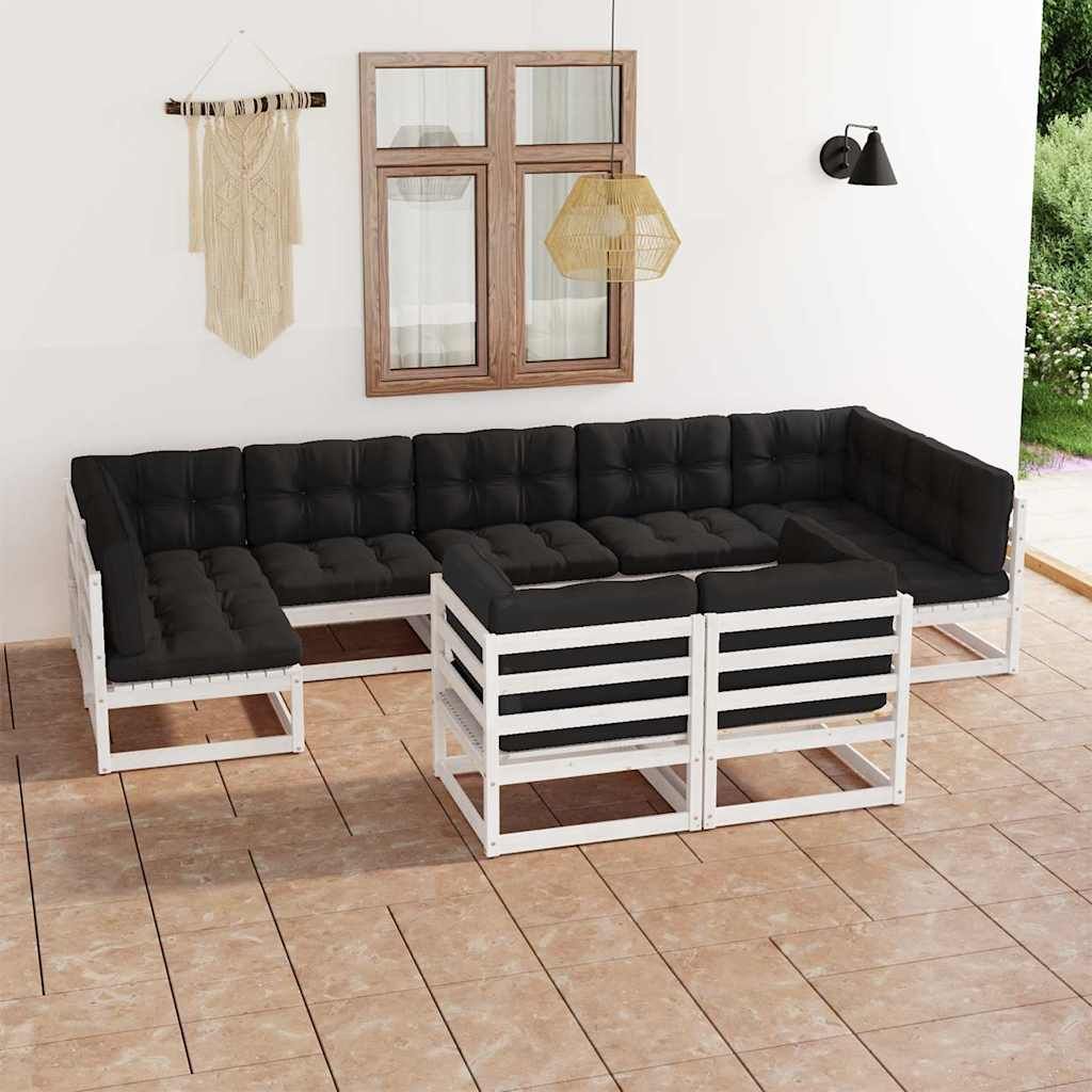 Set Divani da Giardino 9 pz con Cuscini Massello di Pino Bianco vidaXL