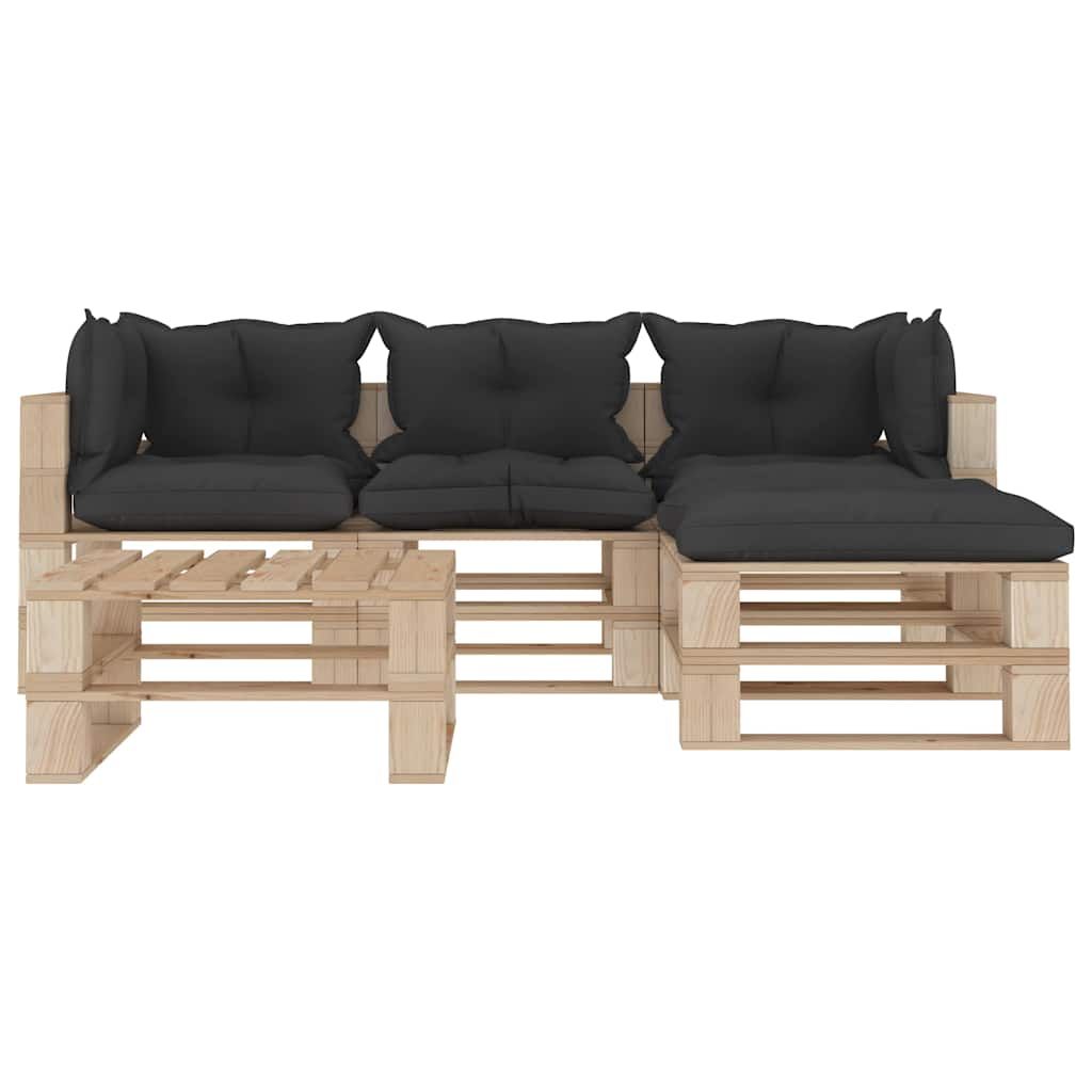 Set Divani da Giardino su Pallet 5 pz con Cuscini Neri in Legno vidaXL