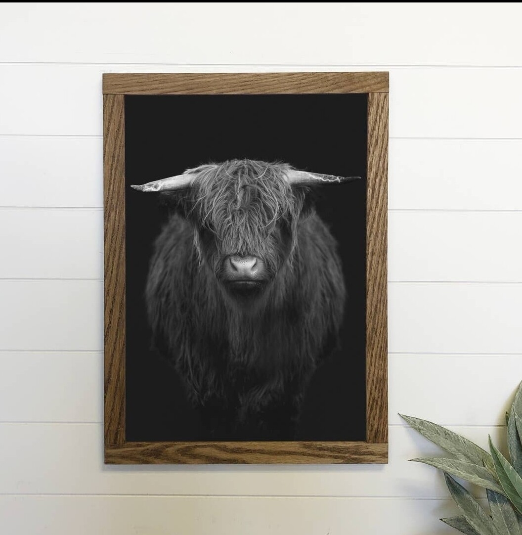 Black & White Highland Cow Canvas with Wooden Frame