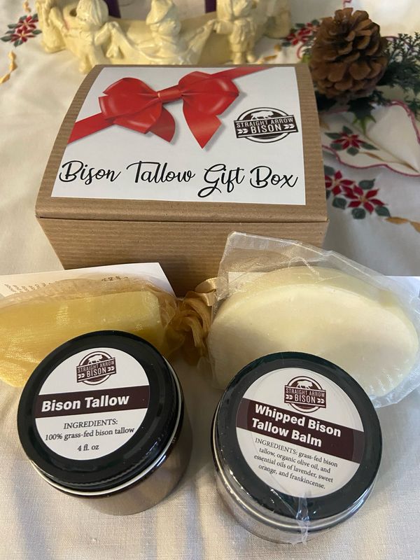 gift box with 1 jar whipped bison tallow balm, 1 bar of each of our tallow soaps, & a 4 oz jar of bison tallow for cooking.