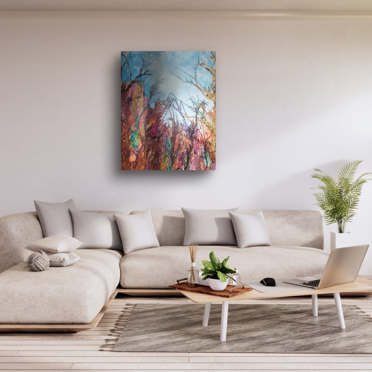 REVERENCE The dynamic artwork captures the intricate details of nature, with bold hues of red, green, and gold intertwining against a serene blue sky.