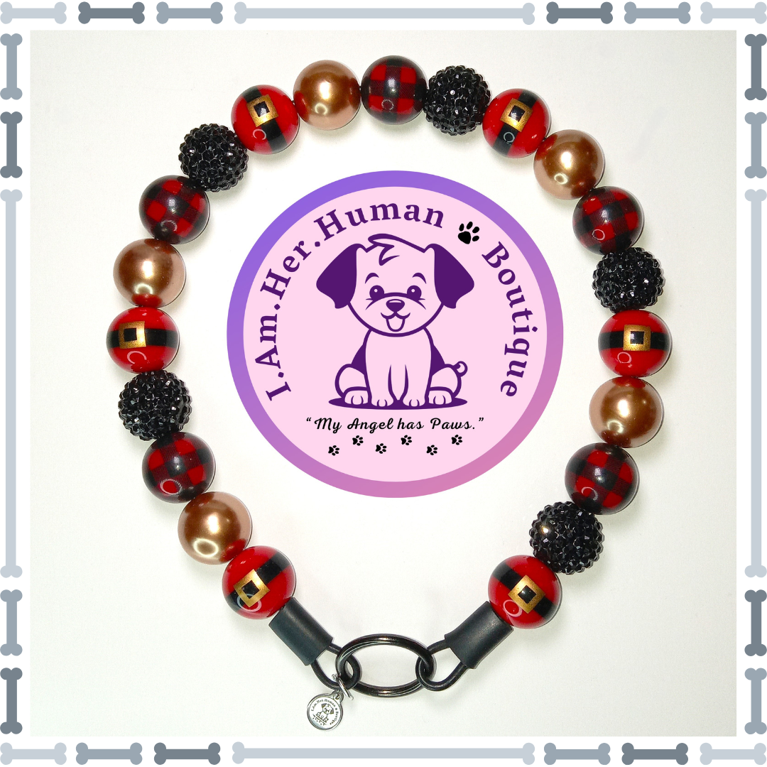 Christmas, Red, Black, Gold, Rhinestone, Print, Pearl, Chunky Glam Bead Dog Collar, Bubblegum Bead Dog Collar, Beaded Dog Collar, Bubblegum Beaded Collar, Acrylic