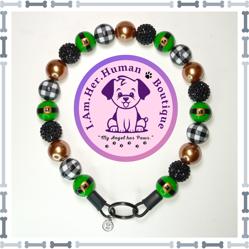 "Green Santa" Chunky Glam Bead Collar Christmas, Green, Gold, Black, White, Rhinestone, Print, Pearl, Chunky Glam Bead Dog Collar, Bubblegum Bead Dog Collar, Beaded Dog Collar, Bubblegum Beaded Collar, Acrylic