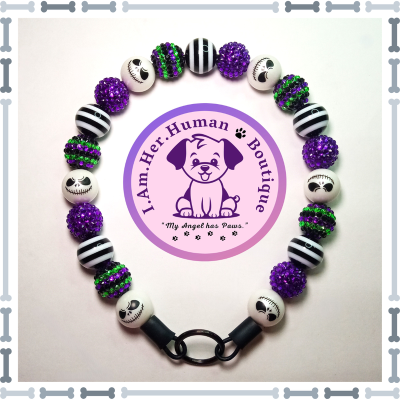 Halloween, Striped Rhinestone, White Jack Face, Striped, Chunky Glam Bead Dog Collar, Bubblegum Bead Dog Collar, Beaded Dog Collar, Bubblegum Beaded Collar, Acrylic