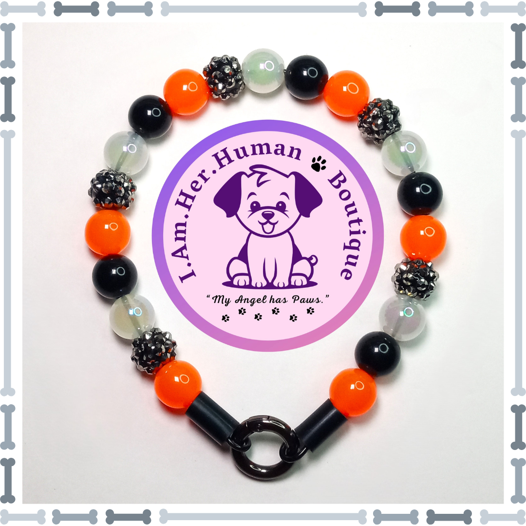 Halloween Dog Collar, Orange Glow in the Dark Beads, Black Beads, White Beads, Rhinestones, XS Mini Glam Dog Bead Collar, Bubblegum Bead Dog Collar, XS Mini Beaded Dog Collar, Bubblegum Beaded Collar, Acrylic, Dog Pearls, Bead Dog Necklace