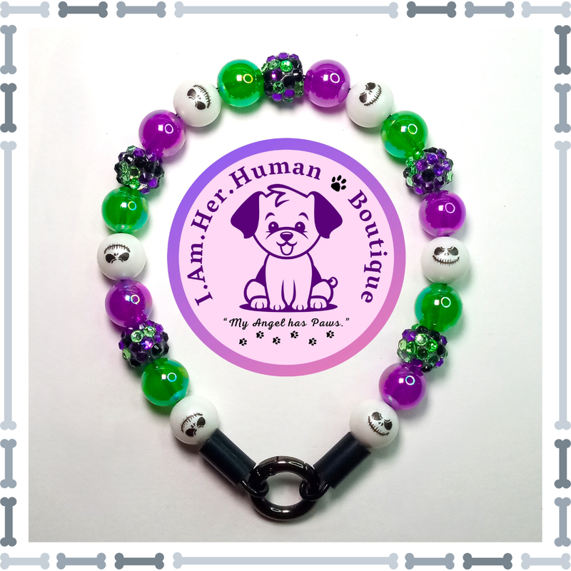 Halloween Dog Collar, Jack Face Beads, Purple and Green Jelly, Confetti Rhinestone Beads, XS Mini Glam Dog Bead Collar, Bubblegum Bead Dog Collar, XS Mini Beaded Dog Collar, Bubblegum Beaded Collar, Acrylic, Dog Pearls, Bead Dog Necklace
