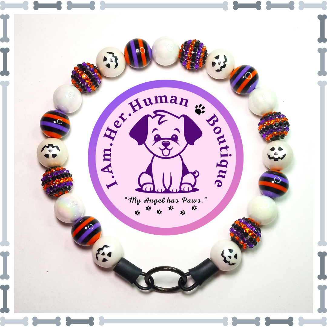 Halloween, Striped Rhinestone, White Pumpkin, White Solid, Striped, Chunky Glam Bead Dog Collar, Bubblegum Bead Dog Collar, Beaded Dog Collar, Bubblegum Beaded Collar, Acrylic