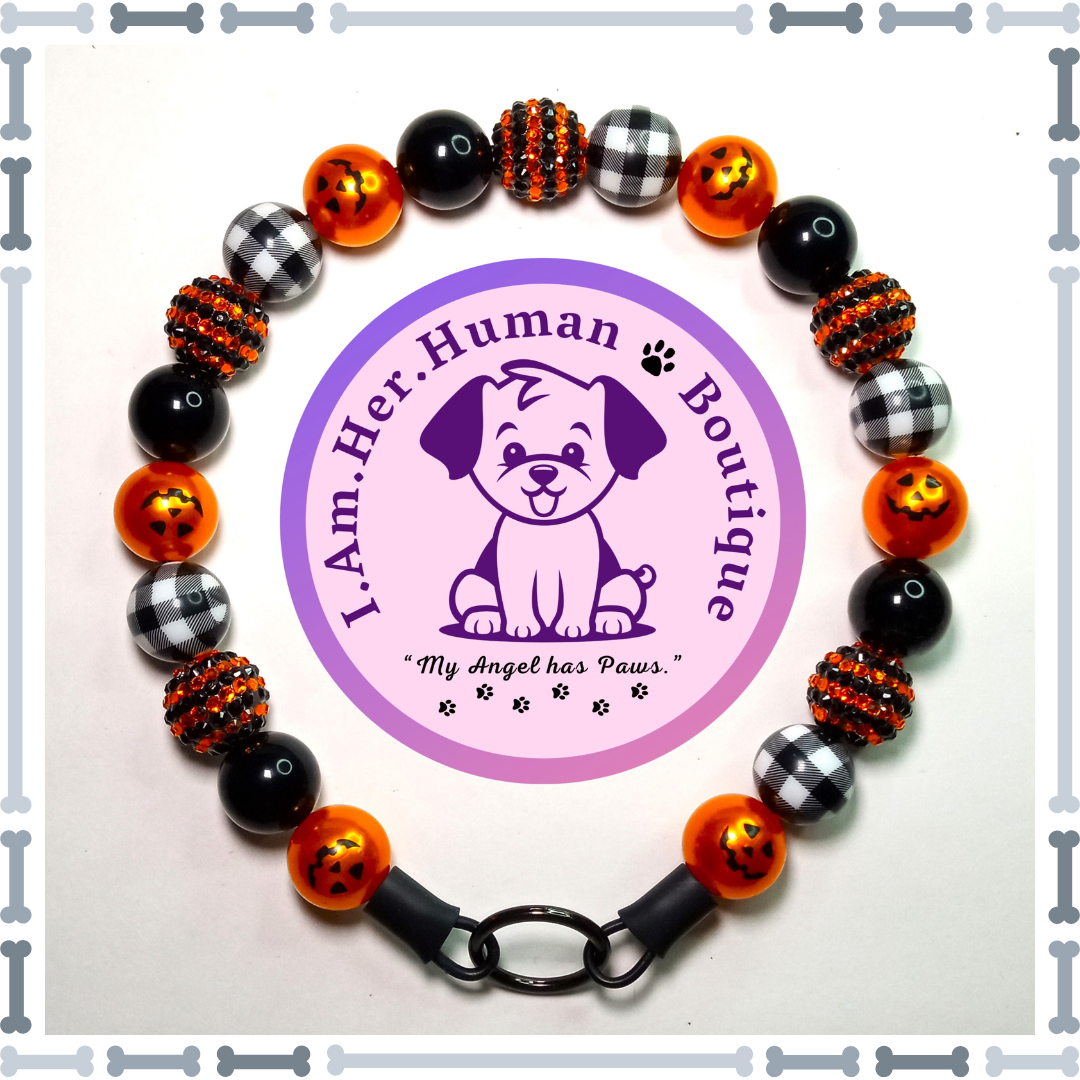 Halloween, Black &amp; Orange Rhinestone, Orange Pumpkin, Black &amp; White Plaid. Black Solid, Chunky Glam Bead Dog Collar, Bubblegum Bead Dog Collar, Beaded Dog Collar, Bubblegum Beaded Collar, Acrylic