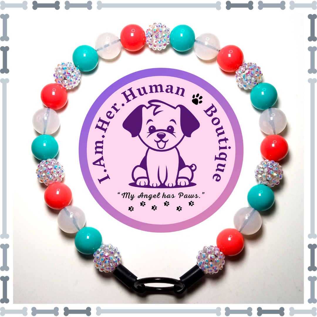 Beach Colors, Sparkling Rhinestone, Turquoise, Punch Pink, Mini Glam Bead Dog Collar, Bubblegum Bead Dog Collar, Mini Beaded Dog Collar, Bubblegum Beaded Collar, Acrylic