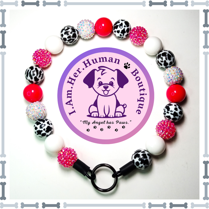 "Cowgirl Glam" Chunky Glam Bead Collar Hot Pink, Hot Pink Rhinestone, White, Black & White Cow Print, Chunky Glam Bead Dog Collar, Bubblegum Bead Dog Collar, Beaded Dog Collar, Bubblegum Beaded Collar, Acrylic