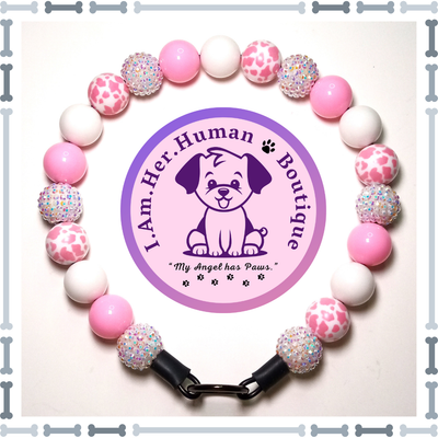 White Rhinestone, Cotton Candy Pink, White, Pink &amp; White Cow Print, Chunky Glam Bead Dog Collar, Bubblegum Bead Dog Collar, Beaded Dog Collar, Bubblegum Beaded Collar, Acrylic