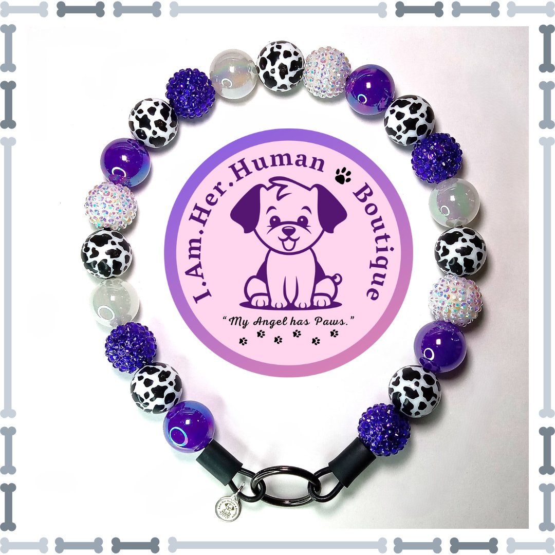 Black Cow Print, Purple, Rhinestone, Jelly, Chunky Glam Bead Dog Collar, Bubblegum Beaded Dog Collar, Bead Dog Collar, Acrylic, Dog Pearls, Bead Dog Necklace