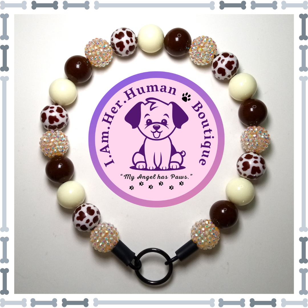 Cream Rhinestone, Brown, Cream, Brown &amp; White Cow Print, Chunky Glam Bead Dog Collar, Bubblegum Bead Dog Collar, Beaded Dog Collar, Bubblegum Beaded Collar, Acrylic
