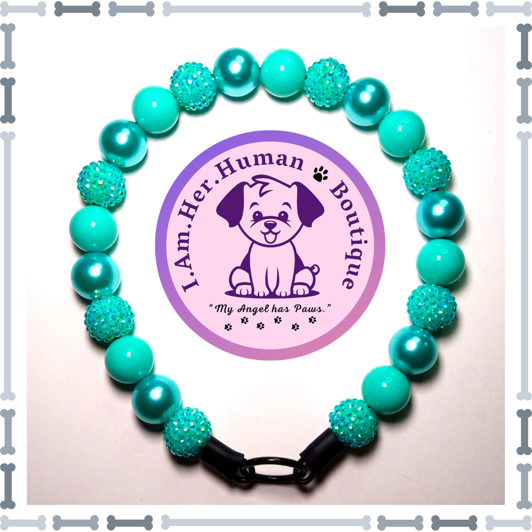 Aqua Blue Rhinestone, Aqua Blue Solid, Blue Pearl, Chunky Glam Bead Dog Collar, Bubblegum Beaded Dog Collar, Bead Dog Collar, Acrylic