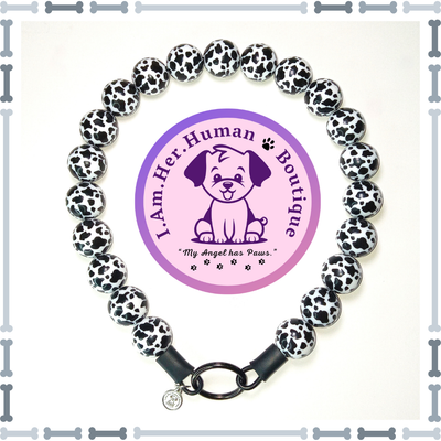 "Black Cow Print" Chunky Bead Collar Cow Print, Chunky Bead Dog Collar, Bubblegum Beaded Collar, Beaded Dog Collar, Acrylic, Dog Pearls, Bead Dog Necklace