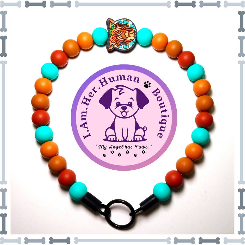 Brown Highland Cow Horseshoe Focal, Brown, Teal, Silicone Bead Dog Collar, Bubblegum Bead Dog Collar, Beaded Dog Collar, Bubblegum Beaded Collar, Silicone