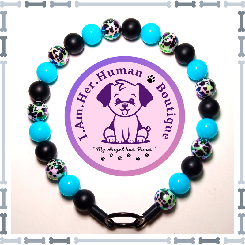 Black &amp; White Cow Print AB with Neon Blue, Mini Bead Dog Collar, Bubblegum Bead Dog Collar, Mini Beaded Dog Collar, Bubblegum Beaded Collar, Acrylic