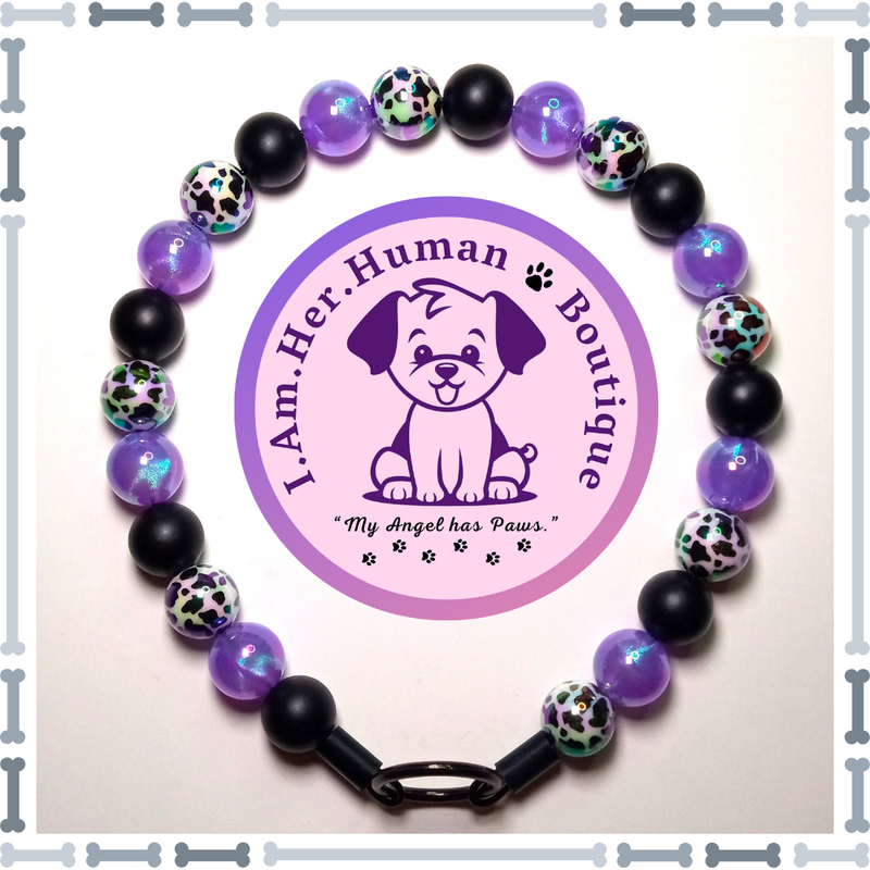 Black &amp; White Cow Print AB with Purple Opalescence, Mini Bead Dog Collar, Bubblegum Bead Dog Collar, Mini Beaded Dog Collar, Bubblegum Beaded Collar, Acrylic