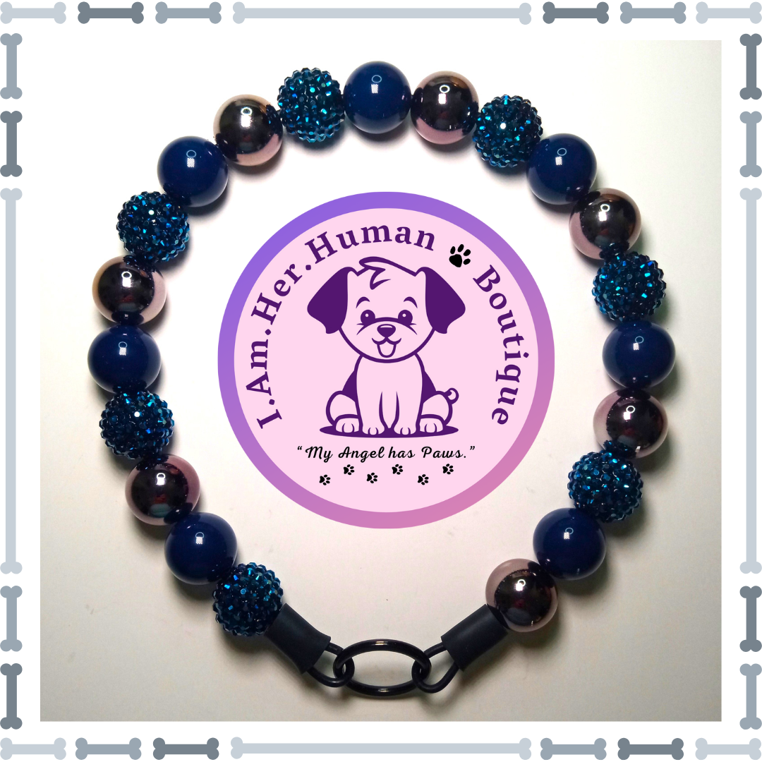Navy Blue Rhinestone, Navy Blue, Black Chrome, Chunky Glam Bead Dog Collar, Bubblegum Beaded Dog Collar, Bead Dog Collar, Acrylic