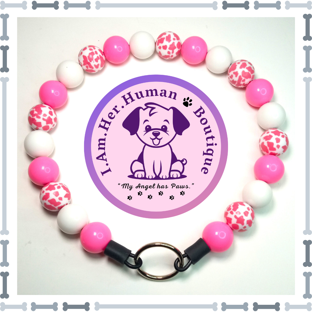 Pink &amp; White Cow Print with White Solid, Chunky Bead Dog Collar, Bubblegum Bead Dog Collar, Beaded Dog Collar, Bubblegum Beaded Collar, Acrylic