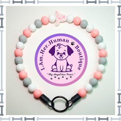 "Pink & Grey" Silicone Bead Collar Pink, Grey, White, Pink & White Cow Head Focal, Silicone Bead Dog Collar, Bubblegum Bead Dog Collar, Beaded Dog Collar, Bubblegum Beaded Collar, Silicone