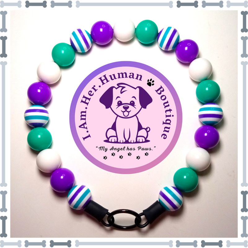 Teal &amp; Purple Stripes, Teal Solid, Purple Solid, White Solid, Chunky Bead Dog Collar, Bubblegum Beaded Collar, Beaded Dog Collar, Pastel Colors, Acrylic