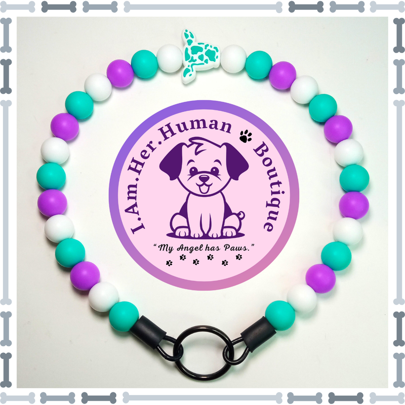Teal &amp; White Cow Head Focal, Teal, Purple, White, Silicone Bead Dog Collar, Bubblegum Bead Dog Collar, Beaded Dog Collar, Bubblegum Beaded Collar, Silicone