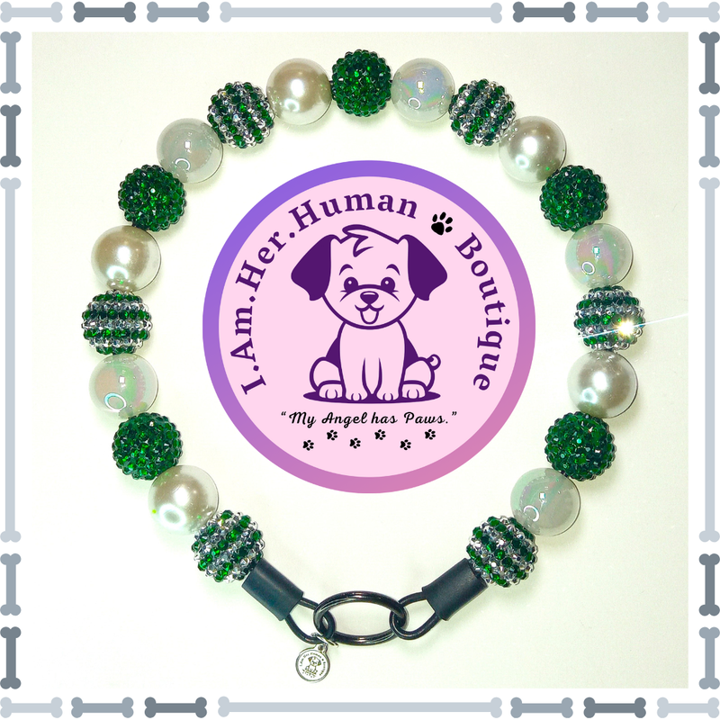 "Winter Green Glitz" Chunky Glam Bead Collar Christmas, Green, White Pearl, White Jelly, Rhinestones, Chunky Glam Bead Dog Collar, Bubblegum Bead Dog Collar, Beaded Dog Collar, Bubblegum Beaded Collar, Acrylic